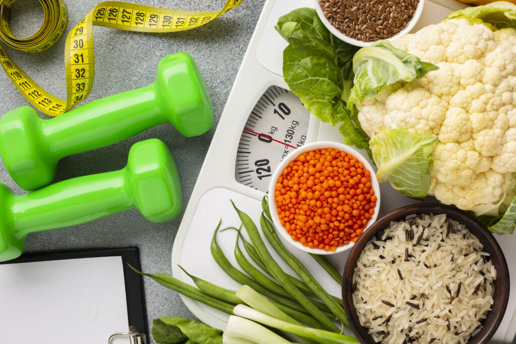 Vegetables, weights, and a scale