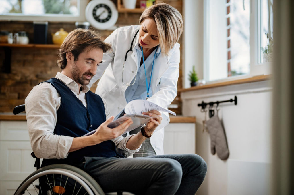 Doctor communication to a patient with a wheelchair