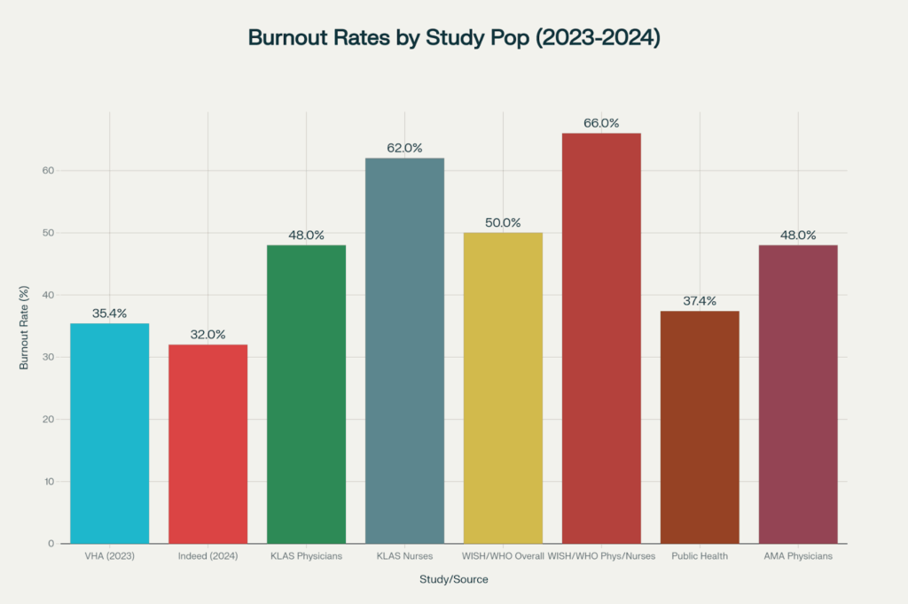 Healthcare worker burnout rates vary across different populations and studies, with nurses showing the highest rates at 62-66%