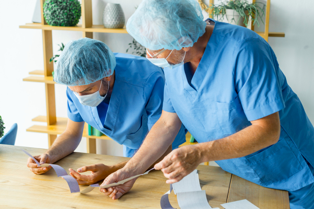 Surgeon showing test results to colleague